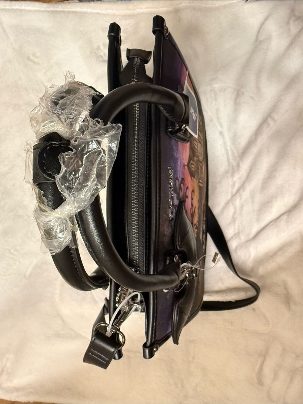 Viral Betsey Johnson Black Haunted House Satchel with Purple & Orange Sunset - Picture 8 of 8